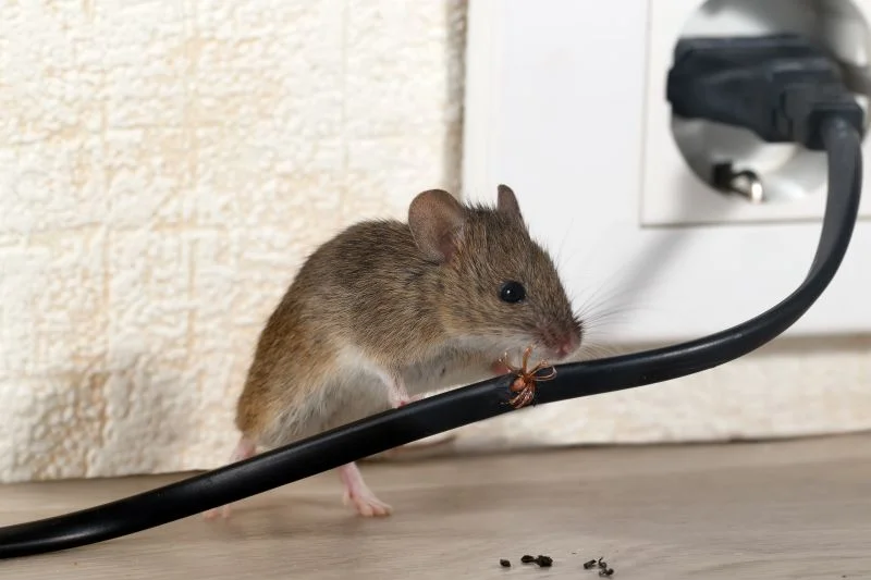 A mouse chewing through an electrical wire