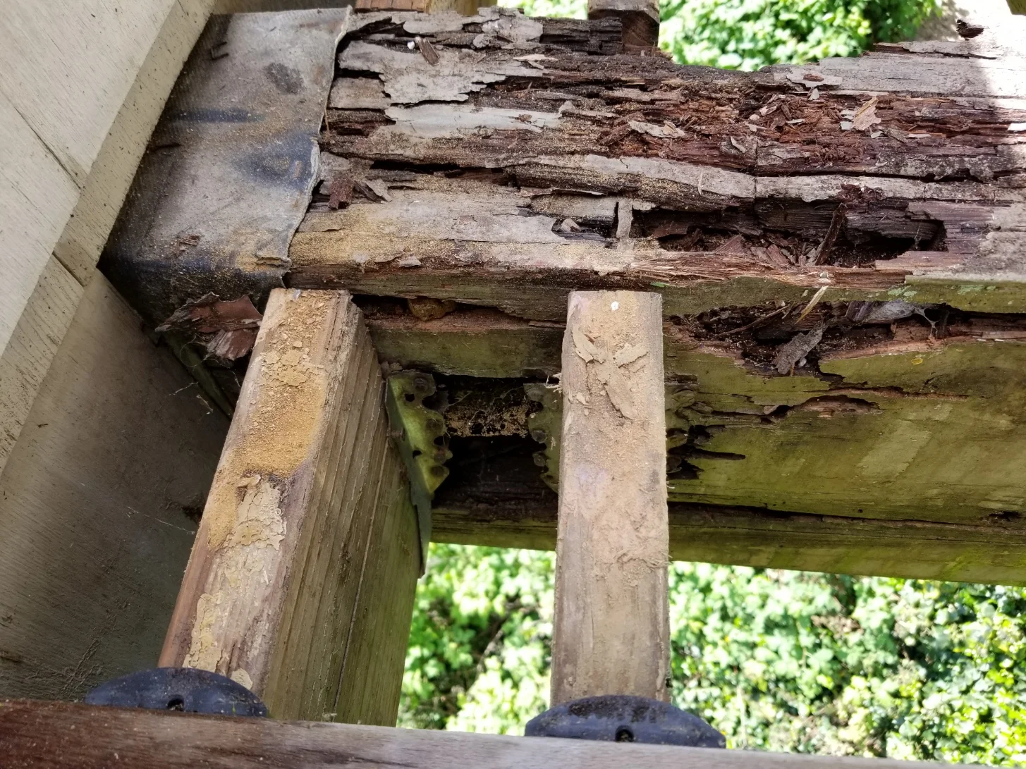 A rotting wood beam on the outside of a house