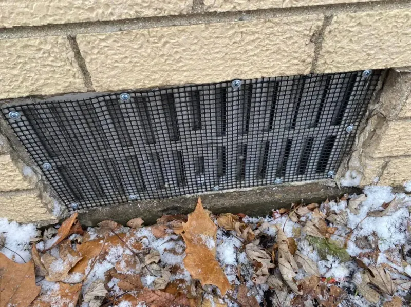 A basement vent in the side of a house with a screen of mesh over the outside