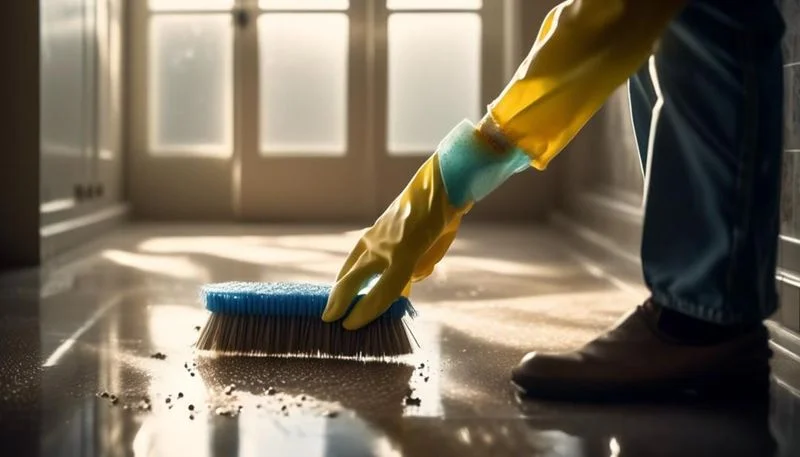 A person with yellow plastic gloves and a large scrub brush cleaning rodent droppings of the floor