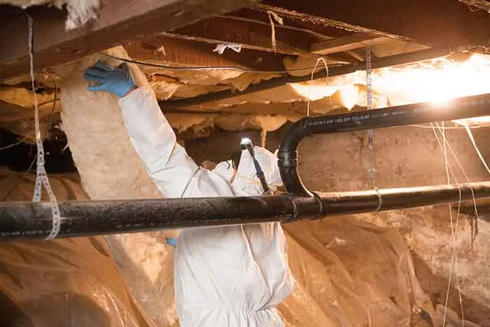 A figure in a white biohazard suit putting insulation into ceiling of a basement
