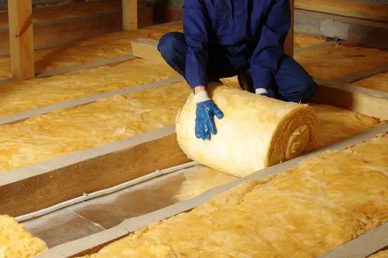 A professional rolling out a sheet of insulation in an attic