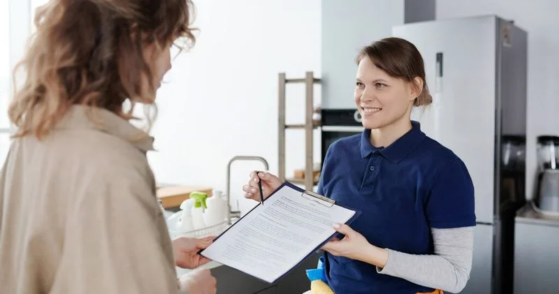 A woman in a collared shirt presenting a contract and a pen to a woman in a kitchen