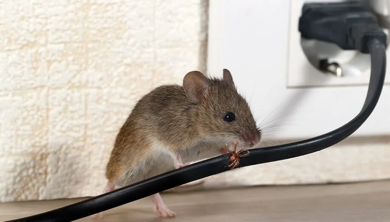 A mouse chewing on an electrical wire