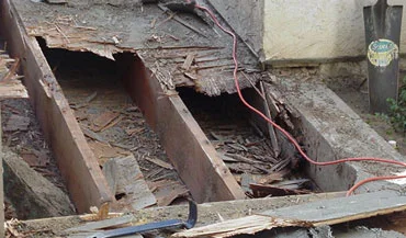 A corner of a roof half-destroyed by termite damage