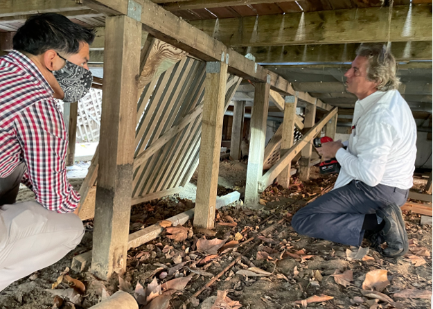 Two men beneath a porch or deck examining the wood