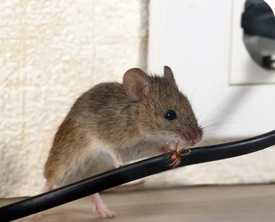 A mouse chewing through a cord attached to a wall outlet