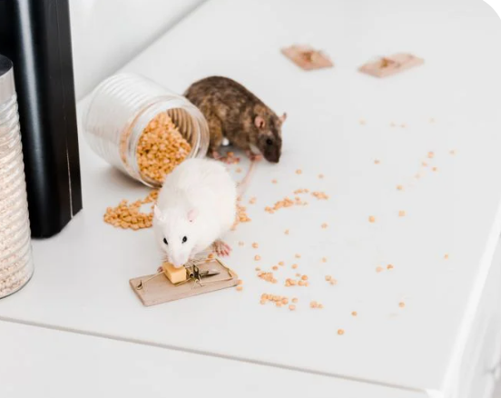 Two rats, one white and one brown, nibbling at cheese on a mousetrap on a kitchen counter