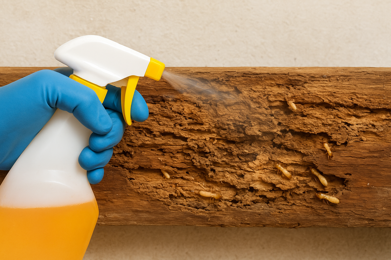 A hand spraying an orange liquid onto termites chewing through a baseboard