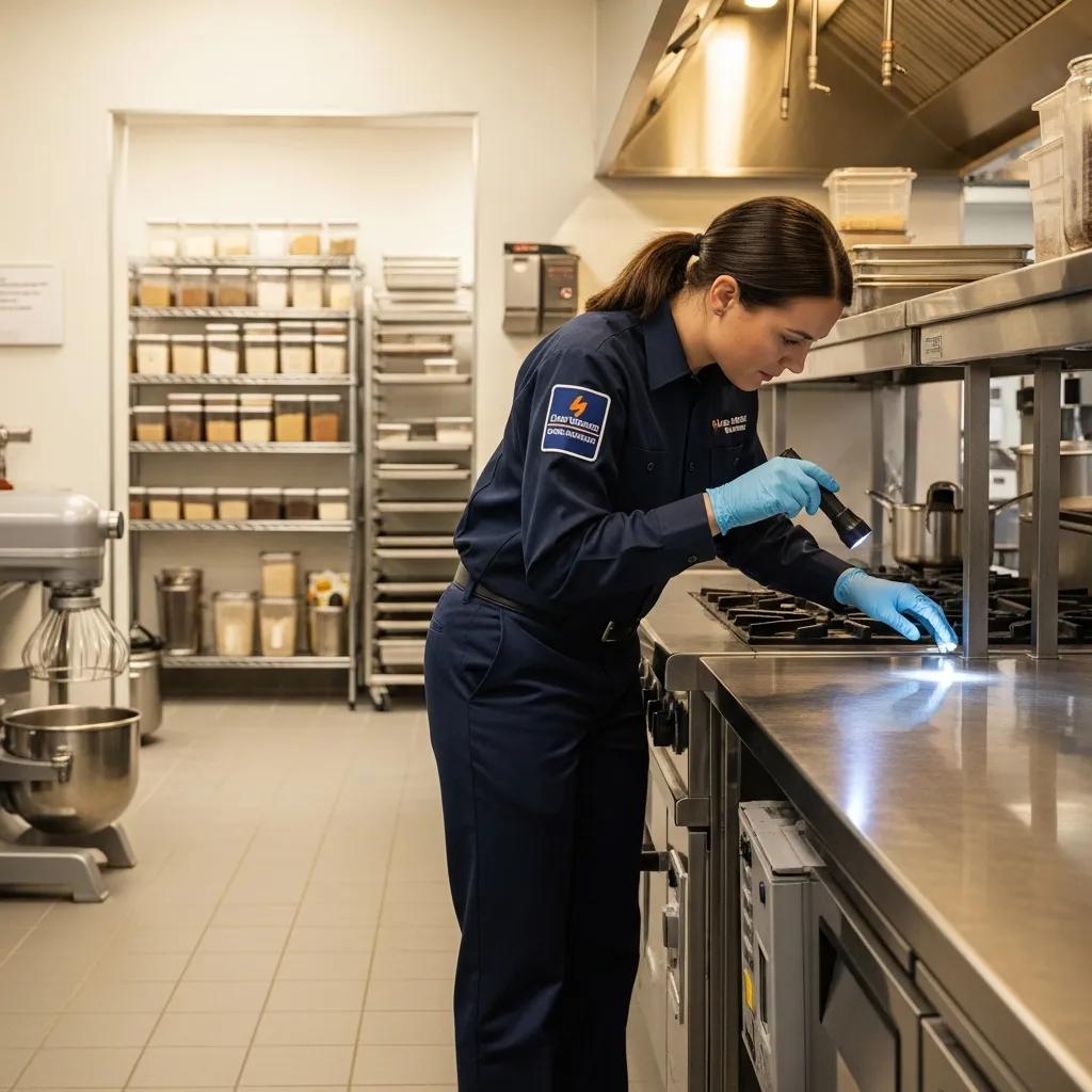Pest control technician inspecting a commercial kitchen for pest management