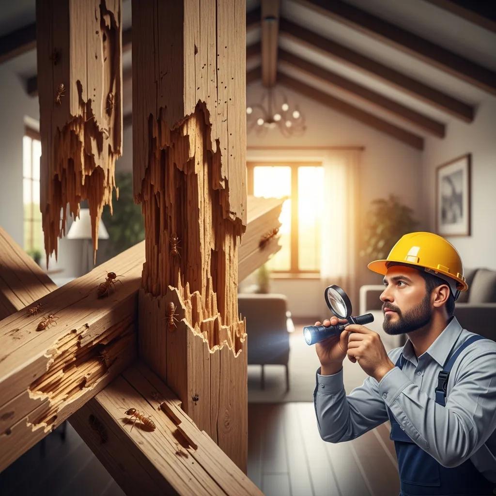 Visible termite damage on wooden beams inside a San Diego residence