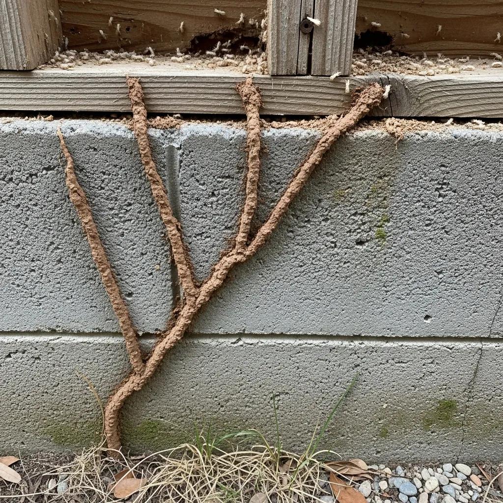 Mud tubes from subterranean termites running along a foundation wall